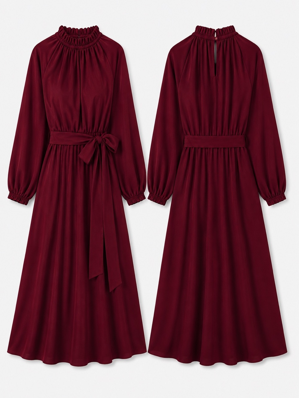 Elegant Burgundy Long Sleeve Midi Dress with Waist Tie | NWT | Large - Picture 2 of 2
